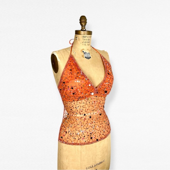Vintage Y2K Orange V- Neck Sequin Beaded Babydoll Halter Top - Picture 5 of 5